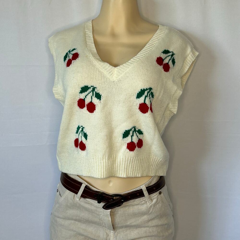 Just Polly New York Cherry Knit Sweater Vest Size L Cream Cottagecore